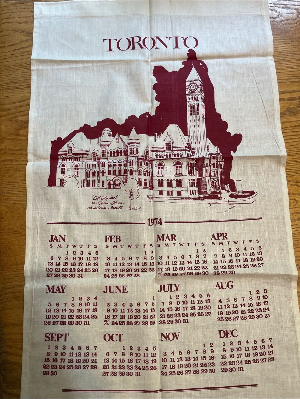 Toronto 1974 Vintage Calendar Tea Towel - Maroon on Cream